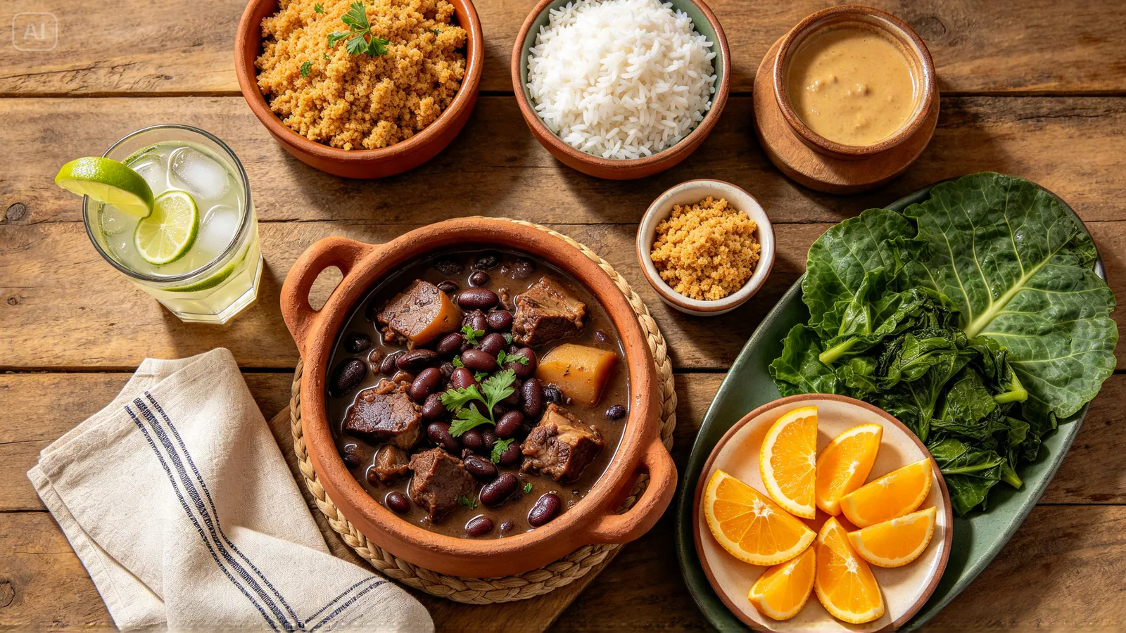 Mesa vista de cima com feijoada, arroz, farofa, couve, laranja e caipirinha