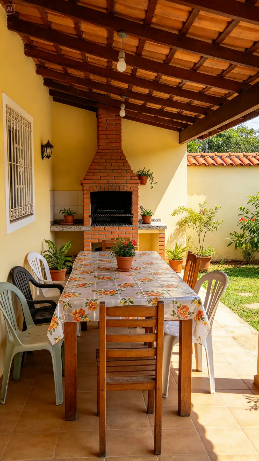 Varanda com churrasqueira e mesa de toalha florida, cenário fixo das esquetes