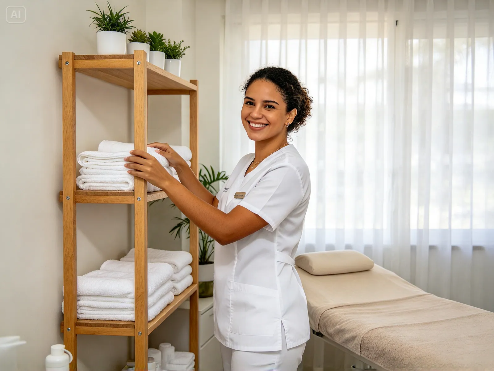 Esteticista arrumando a sala de atendimento