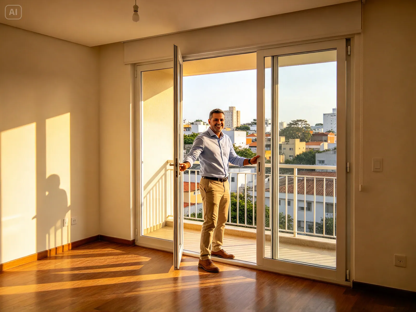 Corretor abrindo a varanda de um apartamento ensolarado