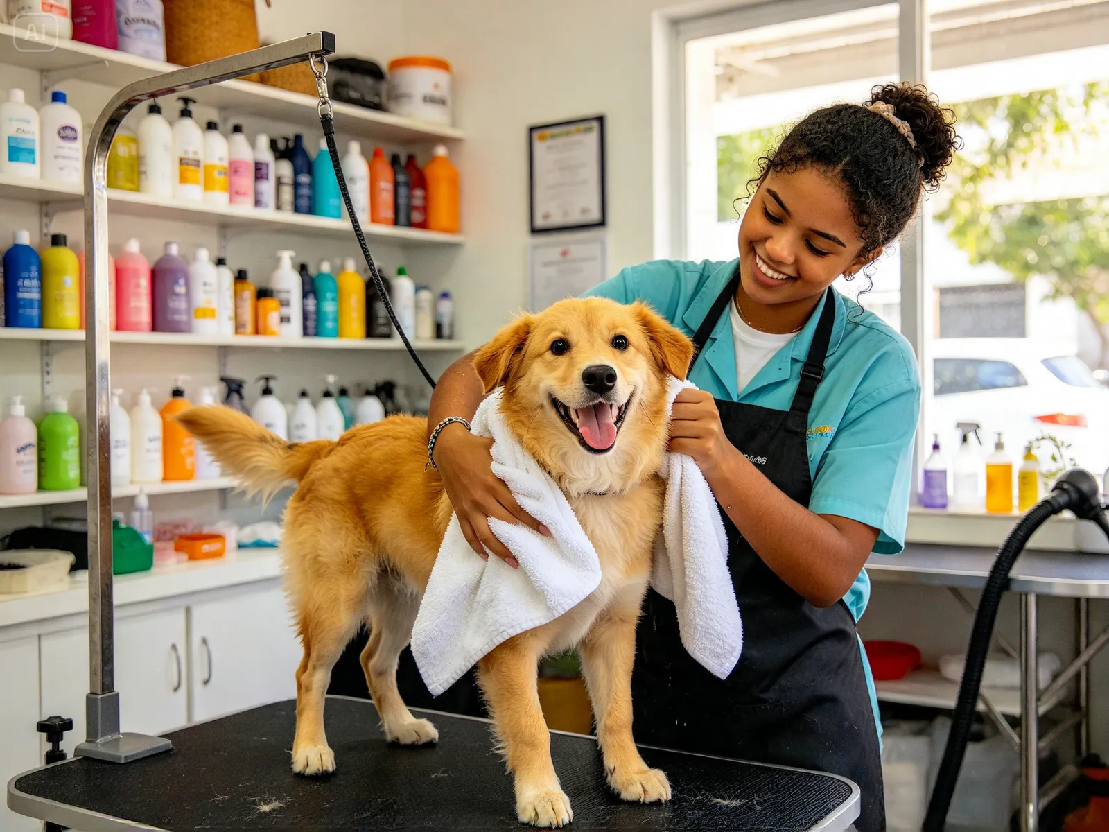 Dona de pet shop secando um cachorro feliz com a toalha