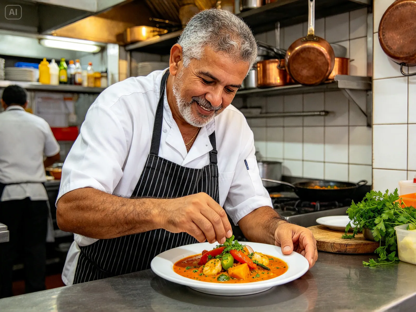 Chef finalizando uma moqueca na cozinha do restaurante